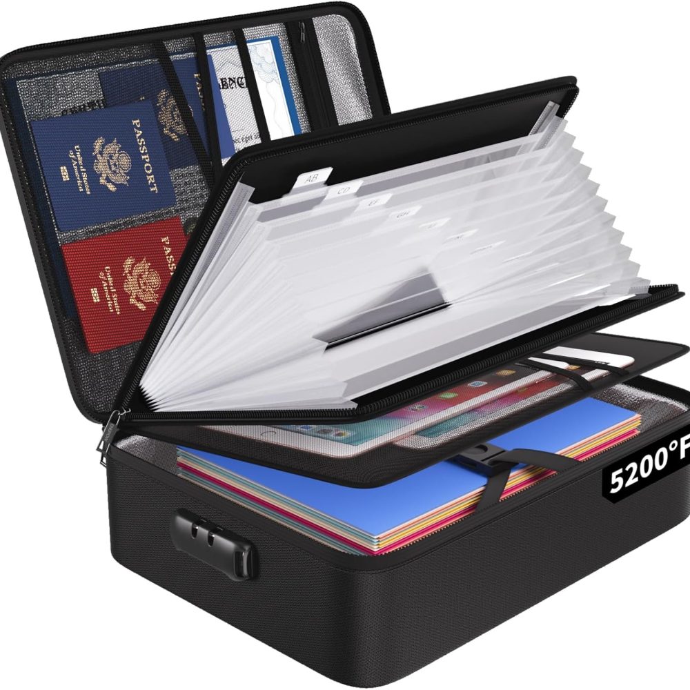 ENGPOW File Organizer Bag with 13 Pocket Accordion File Folder, Fireproof Document Organizer with Lock& Labels,Multi-Layer Portable Home Travel Safe Storage Box for Important Documents,Files and More